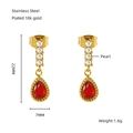 18k gold plated stainless steel teardrop earrings with red gemstone and pearl - 18K Gold / Red Waterdrop Gemstone (ZE1222G-02)