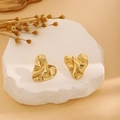 Golden heart earrings with unique pleated texture and liquid metal finish in shiny gold - E6204-9-Fluid Wrinkled Heart