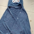 Mist blue coral fleece hooded baby towel poncho with white bear embroidery and buttons - Navy Blue Bear