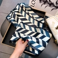 Silk neck scarf with blue and white herringbone pattern held to show drape - Spiral Staircase Pattern