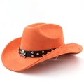 Detail of orange suede cowboy hat with studded leather band and silver skull ornament - M (56-58cm) / Orange