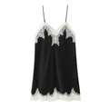 Sottoveste da donna in raso nero con pizzo bianco a contrasto e scollo a V rifinito - XS / Nero