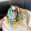 Silk scarf with blue, yellow and leopard print patterns tied to a white blazer lapel - New Silk Scarf/small Square Scarf 9 / 65