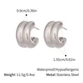 Close-up of silver C-shape stainless steel earrings showing dimensions and waterproof features - Silver Chunky C-Shape (YYE023308-P)