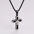 Detail of multi-layer cross pendant with Spanish Lord's Prayer engraving on box chain - Black and Silver (Two-tone)