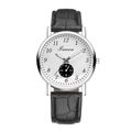 Detail view of quartz watch featuring a white dial with a sub-dial and black leather strap - White Dial Black Strap Single Sub-dial