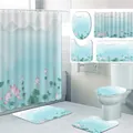 Duschvorhang-Set mit Lotusteich-Motiv und passenden rutschfesten Badematten fürs Badezimmer - Frischer Lotusteich-Stil (YL77C) / 90*180cm