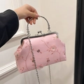 Rosa Abendtasche aus Satin mit Blumenstickerei, Pailletten und rundem Metallgriff - Rosa
