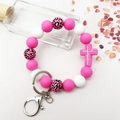 Pink and leopard silicone bead keychain with Jesus cross charm and gold metal lobster clasp - Rose Red