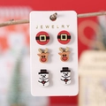 Three-pair Christmas earring set featuring Santa belt, reindeer, and snowman wood designs - Belt/Reindeer/Snowman Set (1554)