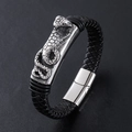 Pulsera cobra vintage para hombre de cuero trenzado negro con relieve de serpiente plata - Color Acero