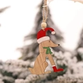 Rustic wooden long-eared puppy Christmas hanging ornament with red hat and scarf - Green Bowtie Dog (P-Z35)