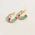 Colorful striped enamel C-shaped hoop earrings with gold plating and butterfly backs - Colorful