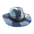 Denim print cowboy hat featuring a leather band with rivets and a gold bull head ornament - One Size / Light Blue