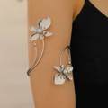 Elegant silver flower upper arm cuff bracelet with textured metal and adjustable open design - Double Flower Curved Style
