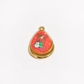 Gold teardrop pendant with red enamel featuring Christmas tree, snowman, and stocking - Christmas Stocking and Tree