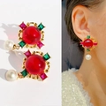 Vintage gold drop earrings featuring red and green gemstones with white pearls - Vintage Contrast Pearl Drop Style (Style 11)