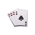 Macro detail of silver metal enamel pin featuring four Ace playing cards in a fan shape - Four Aces