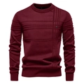 Detailed view of dark red knit sweater featuring unique textured pattern and ribbed cuffs - Burgundy