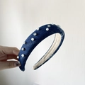 Denim knot headband with pearls and rhinestones in dark blue finish for women - FG240811-1 Dark Blue