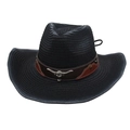 Black woven cowboy hat featuring a vintage silver bull head ornament and brown leather band - Metal Bull Head Decor (With Wind Rope) / Black