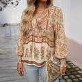 Bohemian floral V-neck long sleeve blouse with tie front and ethnic patterns - Apricot