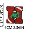 Macro shot of red letter H embroidery patch with green whistle and size dimensions - Letter H