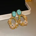 French vintage flower pearl earrings with blue faceted stone and gold plating - Silver Earring Post Style / Gold Green Combination