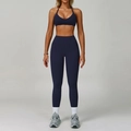 Women's backless halter yoga set with high waist leggings in deep navy blue matte fabric - S / Bra Style 2 + Leggings / Cobalt Blue