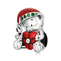 Authentic 925 sterling silver Christmas bear charm with red enamel and green gemstones - 925 Silver/Zirconia/Enamel / Christmas Bear-Heart Zirconia