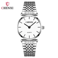 Minimalist silver steel quartz watch with white dial and slim multi-link band for couples - Silver-White (Women)