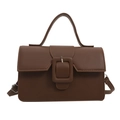 Deep brown matte faux leather square handbag with top handle and adjustable shoulder strap - Brown