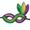 Colorful Mardi Gras sequin party mask with purple, green and gold feathers decoration - Mardi Gras Sequin Mask G-Top Feather Style