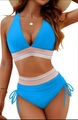 Bright blue high-waisted bikini set featuring a deep V-neck and colorful woven belt detail - Sky Blue