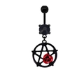 Gothic belly button ring with black pentagram pendant and a detailed red rose flower - Black Pentagram Red Rose Style (BR231204007)