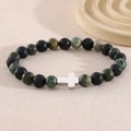 Bracciale intrecciato con pietra lavica nera, perle turchesi e un ciondolo a croce d'argento - Corda Elastica (NAM04-4) / 8mm / Lava/Turchese Africano