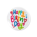 Weißer Happy Birthday Blechanstecker mit bunter Schrift und sanftem Schlagschatten - Herz-Punkt-Geburtstagsstil / Hellgrau