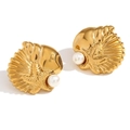 Golden sea shell and starfish stud earrings with white pearl and brushed metal texture - Gold