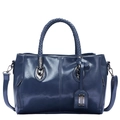 Sac Boston bleu foncé avec poignée tressée en cuir brillant et fermetures éclair - Bleu