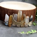 Natural agate crystal column hair clip with a copper crescent moon charm on stone - Blue Lace Agate Moon Hair Clip