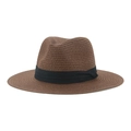 Panama straw hat in dark brown with black grosgrain ribbon for beach sun protection - Coffee