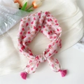 Pink cotton linen scarf with apple print and fringes for women, stylish neckerchief - Pink Fruit (Fringe)