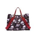 Gothic-Tragetasche mit Totenkopf-Blumen-Print, roten Griffen und abnehmbarem Gurt - Rot