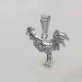 Polished silver rooster pendant in stainless steel with metal link loop on white background - D07-Chicken-Steel