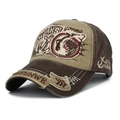 Vintage shark embroidery baseball cap in olive green and dark brown cotton canvas - Adjustable / Coffee
