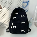 Zaino carino in velluto a coste nero per donna con fiocchi decorativi in seta bianca - Nero