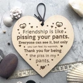 Adorno de madera con forma de corazón y frase humorística de amistad sobre piedra - Color madera natural