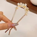 Épingle à cheveux dorée en U avec cinq fleurs blanches et strass étincelants - Épingle à Cheveux Camélia Blanc Strass et Or (42#)
