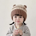 Warm brown and beige striped baby knit hat with cute ears and animal embroidery detail - Mefun Cartoon Embroidery - Khaki