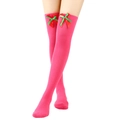 Detail of knit over-the-knee socks featuring a decorative red and green ribbon bow - One Size / Red Green Bowknot Decor / Rose Red